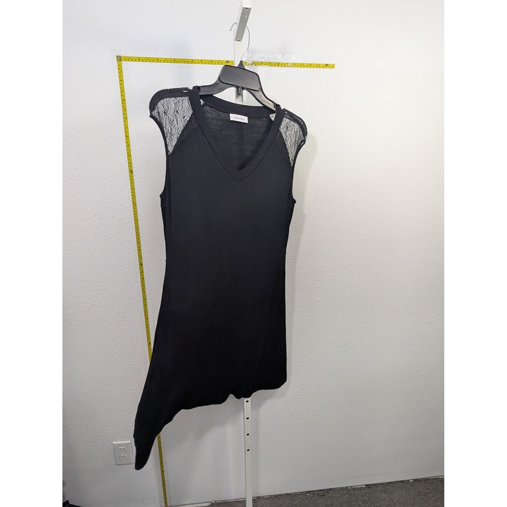 Calvin Klein Womens Black Lace Shoulder V-Neck Asymmetrical Handkerchief Hem Top